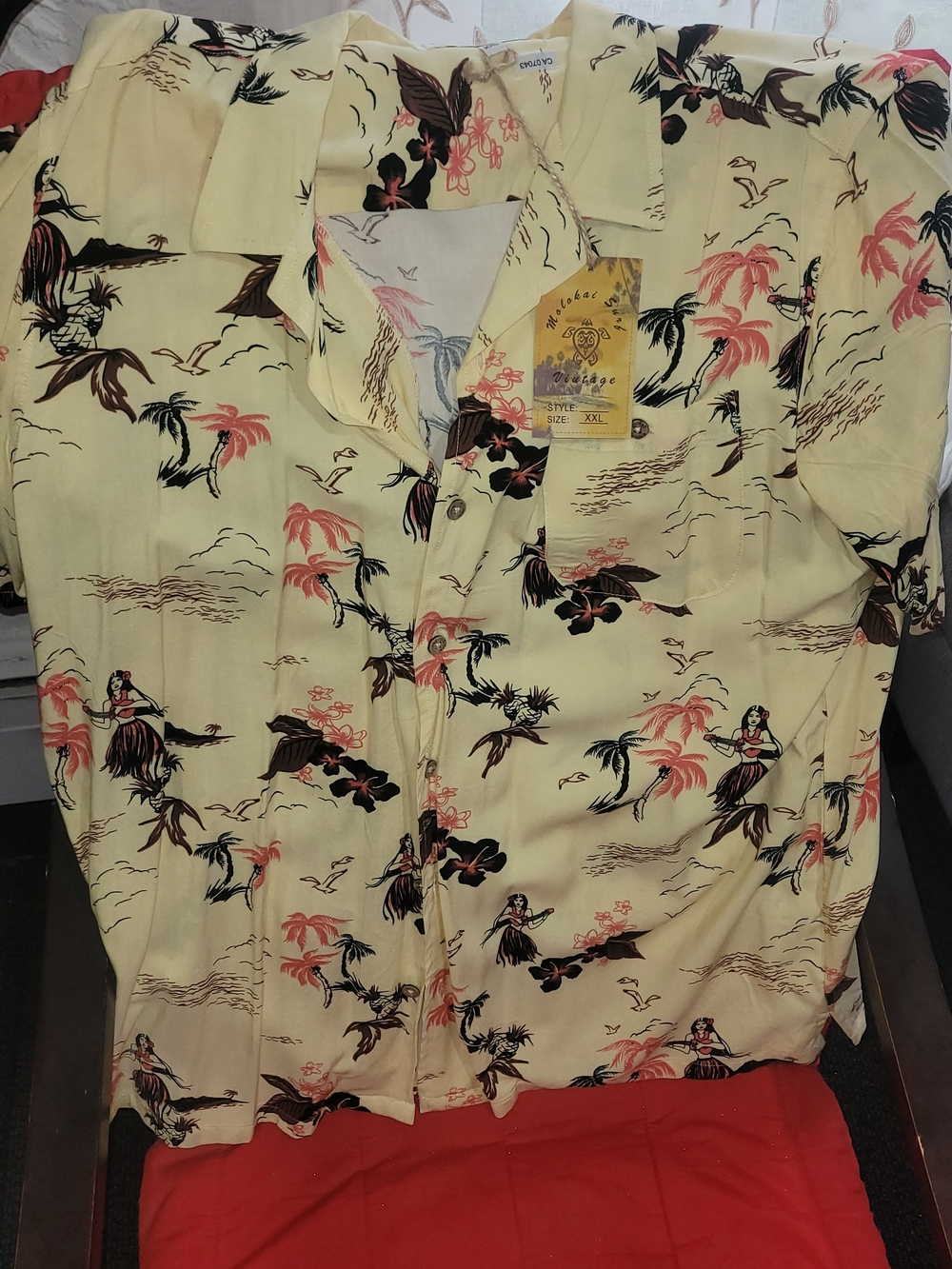 Vintage Tropical Hawaiian Button-Up Shirt - Yellow with Coral & Brown Print